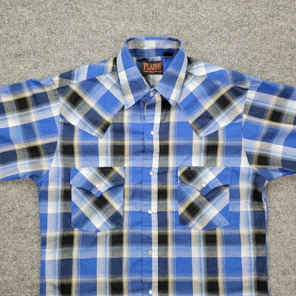 Plains Western Wear Shirt Mens Small‎ Blue Plaid Button Up Pearl Snap Cowboy - Picture 3 of 8